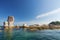 Thailand travel island Koh Lipe stonehenge in far ocean sea with big stone overlap and sunny blue sky background landscape