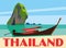 Thailand travel postcard poster. National boat in the bay on the background of the rocks