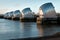 Thames barrier sunset in East London