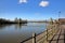 The Thames Path with Hammersmith Bridge in the background, borough of Hammersmith and Fulham, London, UK