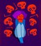 Thanatophobia fear of death vector illustration, girl surrounded with imaginary dead skulls in fear and panic attack, psychology