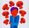 Thanatophobia fear of death vector illustration, young man surrounded with imaginary dead skulls in fear and panic attack,