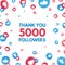 Thank you 5000 followers background with falling likes and thumbs up icon. Social media concept. Achievement poster. Celebrate new