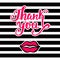 Thank You bright card in retro 80s, 90s pop art style, with pink lips kiss