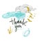 Thank you card with beautiful clouds and birds in blue and mustard colors