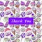 Thank you card, note. Hand drawn confectionery seamless pattern croissant Cupcake candy marshmallow ice cream cake donut and