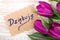 `Thank you` card Polish word `dziÄ™kujÄ™` and tulip bouquet