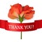 Thank you card with single realistic flower and red ribbon