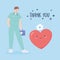 Thank you doctors and nurses, doctor with kit first aid and heart cartoon