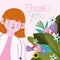 thank you, female doctor cartoon with flowers card