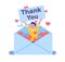 Thank you letter and man with gratitude note. Thankful people. Happy male standing in envelope. Person showing banner