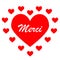 Thank you or merci in french. Red heart and hearts cloud. Illustration.