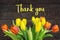 Thank You Message, Colorful tulips on wooden background. Spring flower background with blooming tulips, mockup template .
