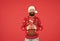 Thank you. new year party fun. celebrate winter holidays. merry christmas. man in funny knitted sweater with box. xmas