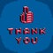 Thank you phrase with a thumb up symbol created in digital technology style, vector 8 bit positive hand gesture. Pixel art