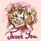 Thank you tiger baby head and flowers. Hand-painted watercolor style, black ink line art. Young predatory wild cat. Cute, smiling