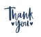 Thank You word handwritten with cursive calligraphic font and decorated by hearts on white background. Elegant lettering