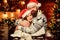 Thankful satisfied. Bearded man and Santa girl. Equipment outdoor sport. Happy together. Christmas gift. Winter holidays