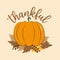 Thankful - thanksgiving text, with Pumpkin and leaves on beige background.