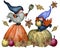 Thankgiving iilustration with gnomes, pumpkin, maple leaves, fruits, vegetables, flowers.