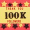 Thanks 100K, 100000 followers. message with black shiny numbers on red and gold background with black and golden shiny stars