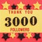 Thanks 3000, 3K, followers. message with black shiny numbers on red and gold background with black and golden shiny stars