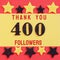 Thanks 400 followers. message with black shiny numbers on red and gold background with black and golden shiny stars