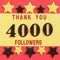 Thanks 4000, 4K, followers. message with black shiny numbers on red and gold background with black and golden shiny stars
