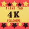 Thanks 4K, 4000 followers. message with black shiny numbers on red and gold background with black and golden shiny stars