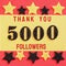 Thanks 5000, 5K, followers. message with black shiny numbers on red and gold background with black and golden shiny stars