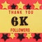 Thanks 6000, 6K followers. message with black shiny numbers on red and gold background with black and golden shiny stars