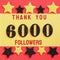Thanks 6000, 6K followers. message with black shiny numbers on red and gold background with black and golden shiny stars