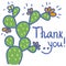 Thanks card with Cactus succulent and text. Color Hand draw illustration