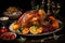 Thanksgiven dinner table with roasted Turkey and vegetables, Side view, AI Generative