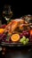 Thanksgiven dinner table with roasted Turkey and vegetables, Side view, AI Generative