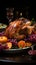 Thanksgiven dinner table with roasted Turkey and vegetables, Side view, AI Generative