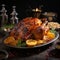 Thanksgiven dinner table with roasted Turkey and vegetables, Side view, AI Generative