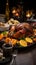 Thanksgiven dinner table with roasted Turkey and vegetables, Side view, AI Generative