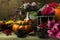 Thanksgiving arrangement with pink flowers decorated birdcage, t