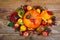 Thanksgiving arrangement with pumpkins, apples, pears, colorful