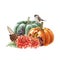 Thanksgiving autumn pumpkin decor. Watercolor illustration. Hand drawn rustic thanksgiving festive decoration. Titmouse