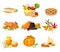 Thanksgiving Autumnal Holiday Composition with Agricultural Crops and Cooked Dishes Vector Set