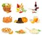 Thanksgiving Autumnal Holiday Composition with Agricultural Crops and Cooked Dishes Vector Set