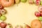 Thanksgiving Background Apples Pumpkins on Yellow Background Copy Space For Text Frame Horizontal Halloween Thanksgiving day or