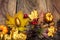 Thanksgiving background with golden pumpkin, acorn and leavesde