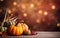Thanksgiving background with pumpkins, corn cobs, maple leaves and fall berries on dark bokeh lights red background.