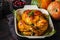 Thanksgiving baked chicken with spices and herbs. Thanksgiving concept