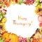 Thanksgiving card - birds, fruits and vegetables - pumpkin, apple, grape, nuts, berries with autumn leaves and flowers