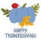 Thanksgiving card with blue pumpkin and autumn leaves flat vector illustration. Vector flat illustration with
