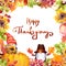 Thanksgiving card - gnomes, pumpkin, flowers, fruits and vegetables, autumn leaves. Watercolor postcard for thanks